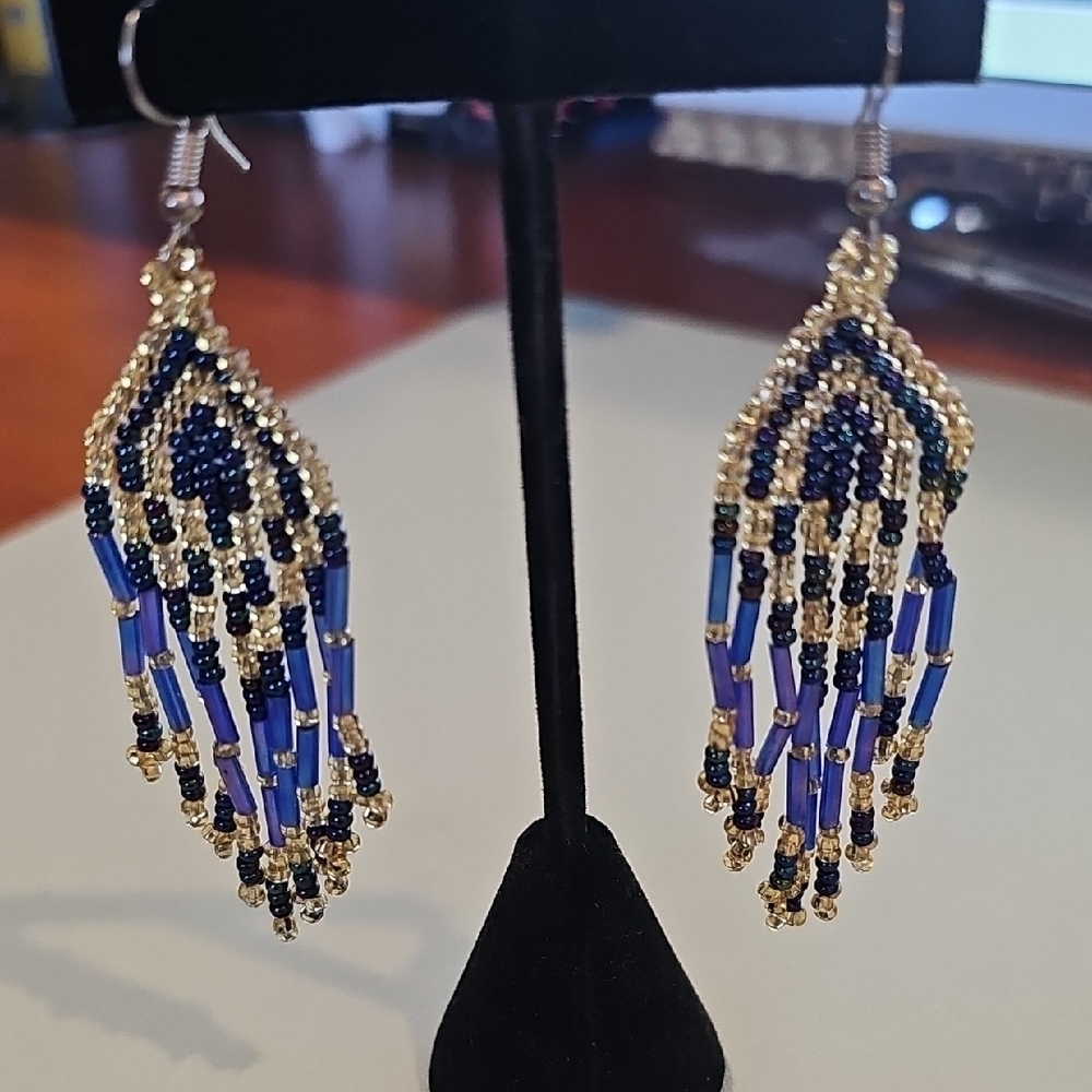 Elegant Beaded Blue and Gold Earrings